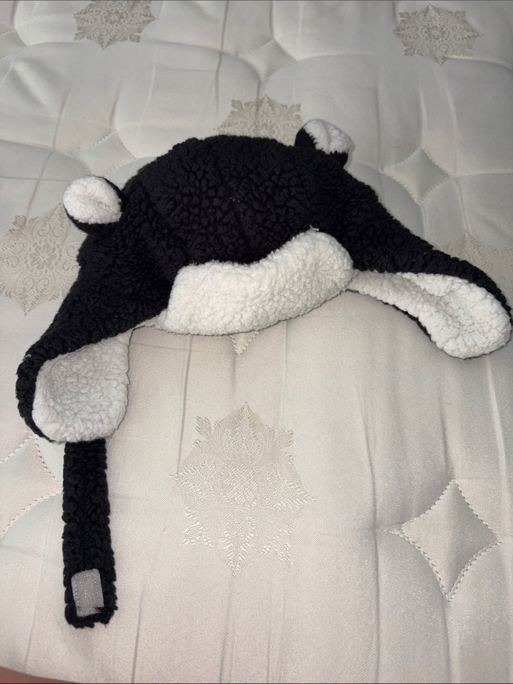 Black and White Sherpa Earflap Hat - Cute Bear Ears